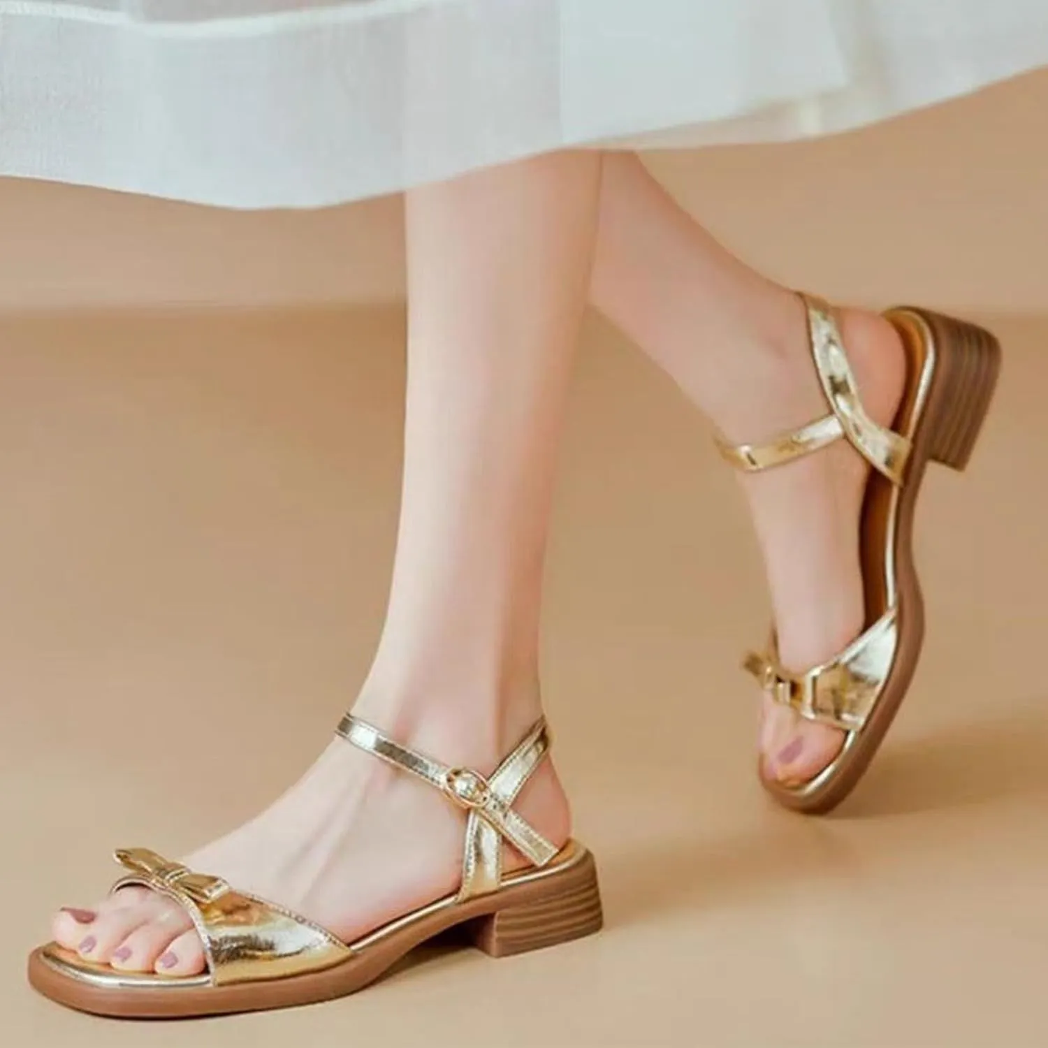Womens Bow Knot Square Open Toe Chunky Low Heel Sandal Cute Ankle Strap Buckle Block Heel Sandals Fashion Comfort Summer Casual Dressy Walking Sandals
