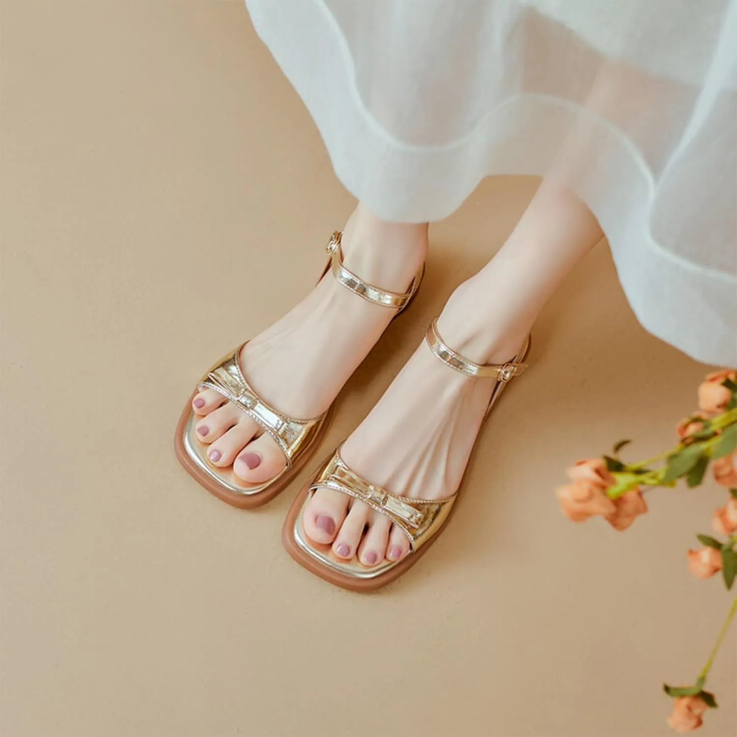 Womens Bow Knot Square Open Toe Chunky Low Heel Sandal Cute Ankle Strap Buckle Block Heel Sandals Fashion Comfort Summer Casual Dressy Walking Sandals