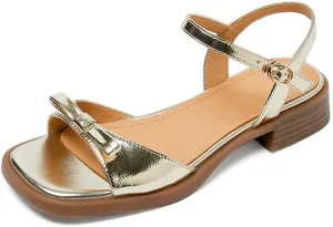 Womens Bow Knot Square Open Toe Chunky Low Heel Sandal Cute Ankle Strap Buckle Block Heel Sandals Fashion Comfort Summer Casual Dressy Walking Sandals