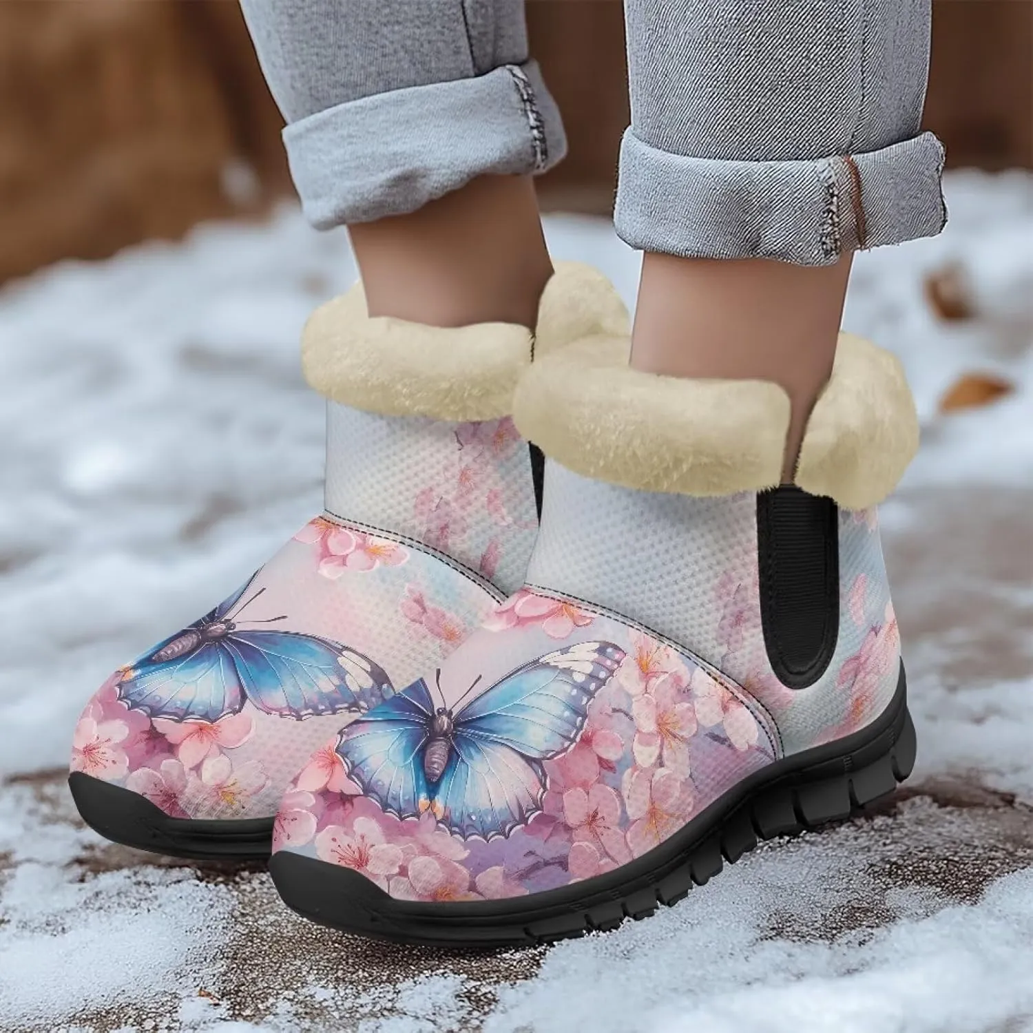 Womens Butterfly Snow Boots Winter Warm Ankle Booties for Women Comfortable Anti-Slip Outdoor Shoes Size 6-12