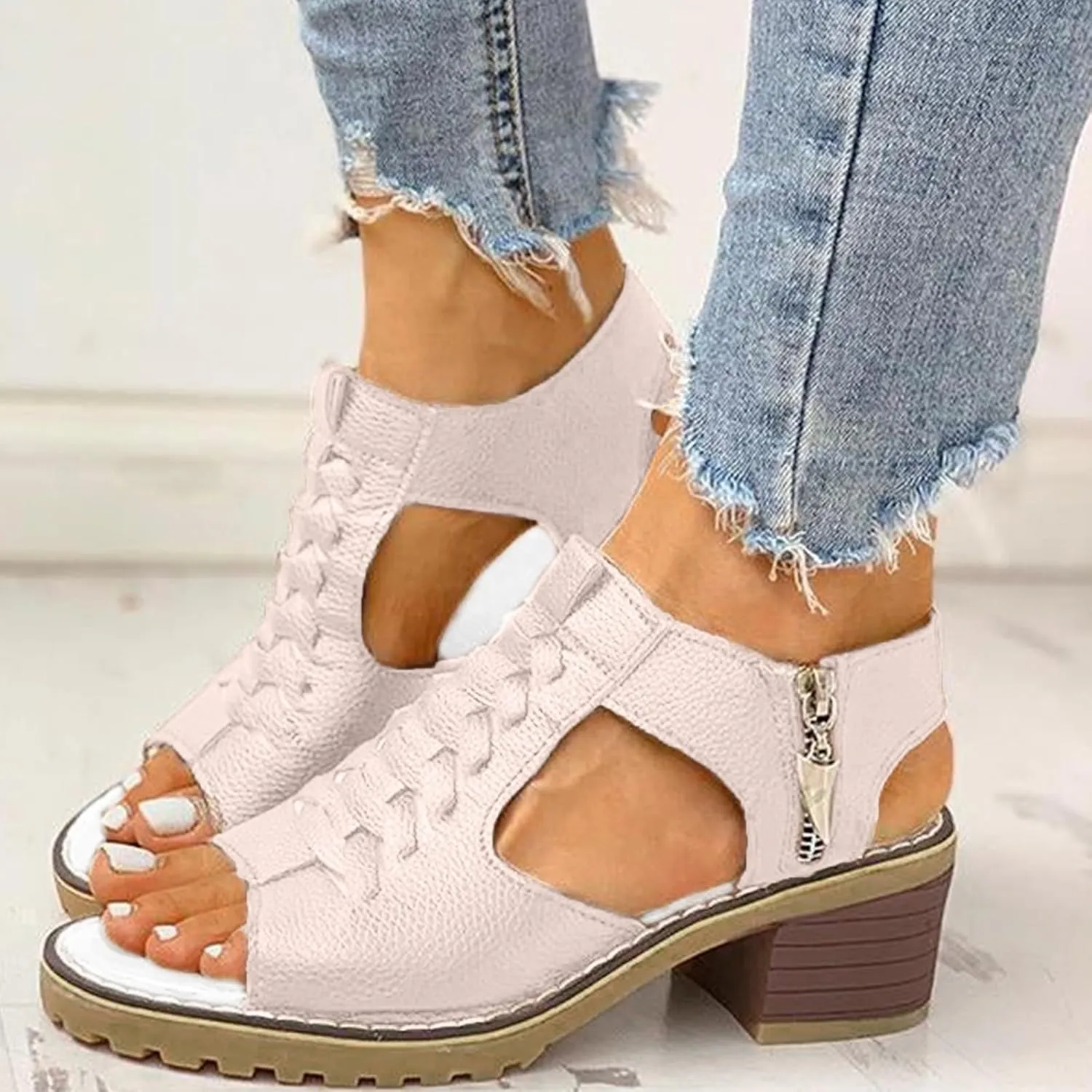 Women's Chunky Heel Sandals Peep Toe Lace Up Zipper Block Dressy High Heeled Sandal 2025 Ladies Slingback Mid Shoes Summer Comfortable Cushion Footbed Orthopedic Casual Shoes for Daily Wear