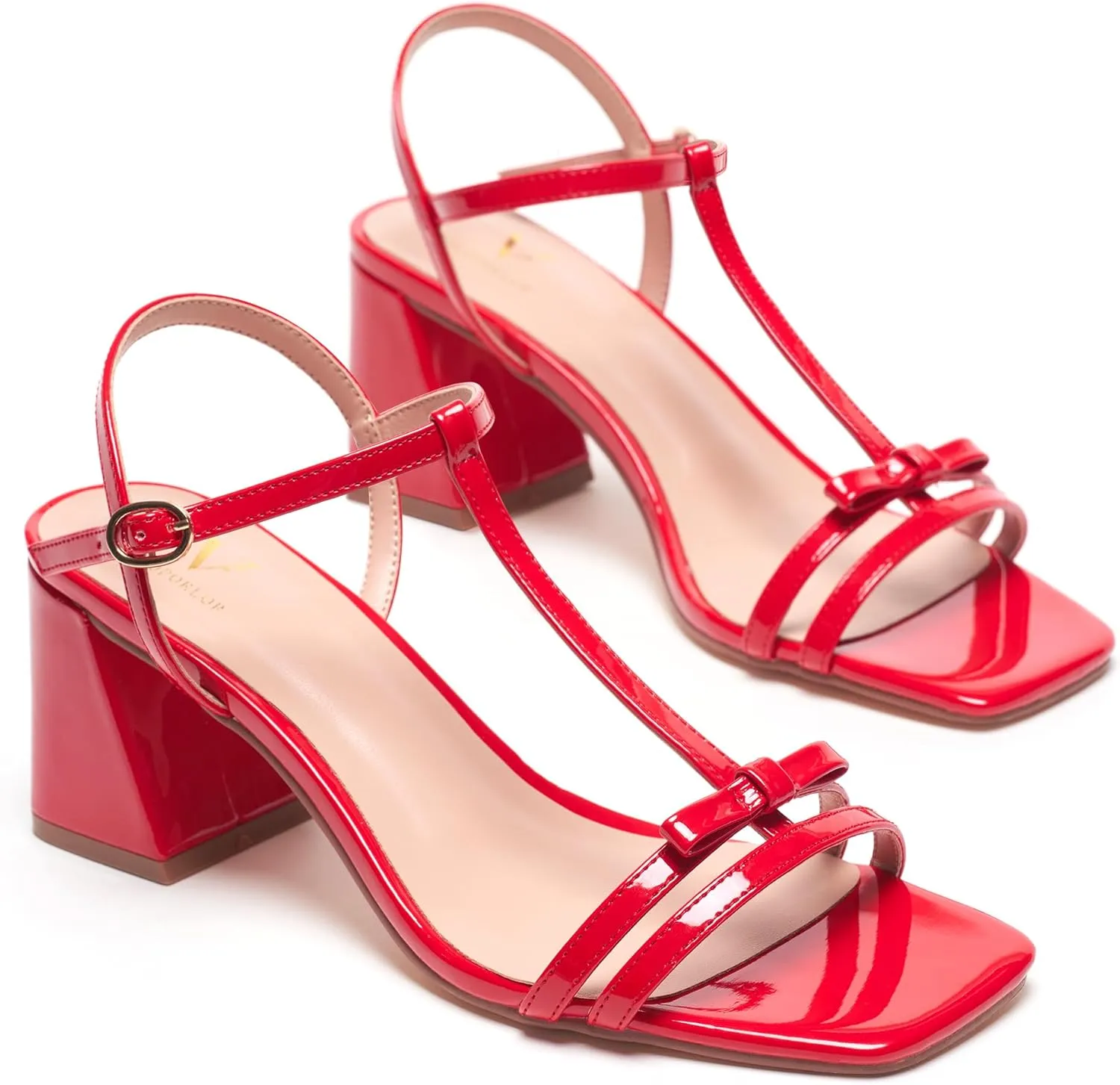 Women's Chunky Heel Strappy Sandals - Square Toe T-Strap Bow Detail Block Heels Open Toe Dress Shoes for Wedding, Party, Summer