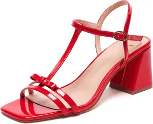 Women's Chunky Heel Strappy Sandals - Square Toe T-Strap Bow Detail Block Heels Open Toe Dress Shoes for Wedding, Party, Summer