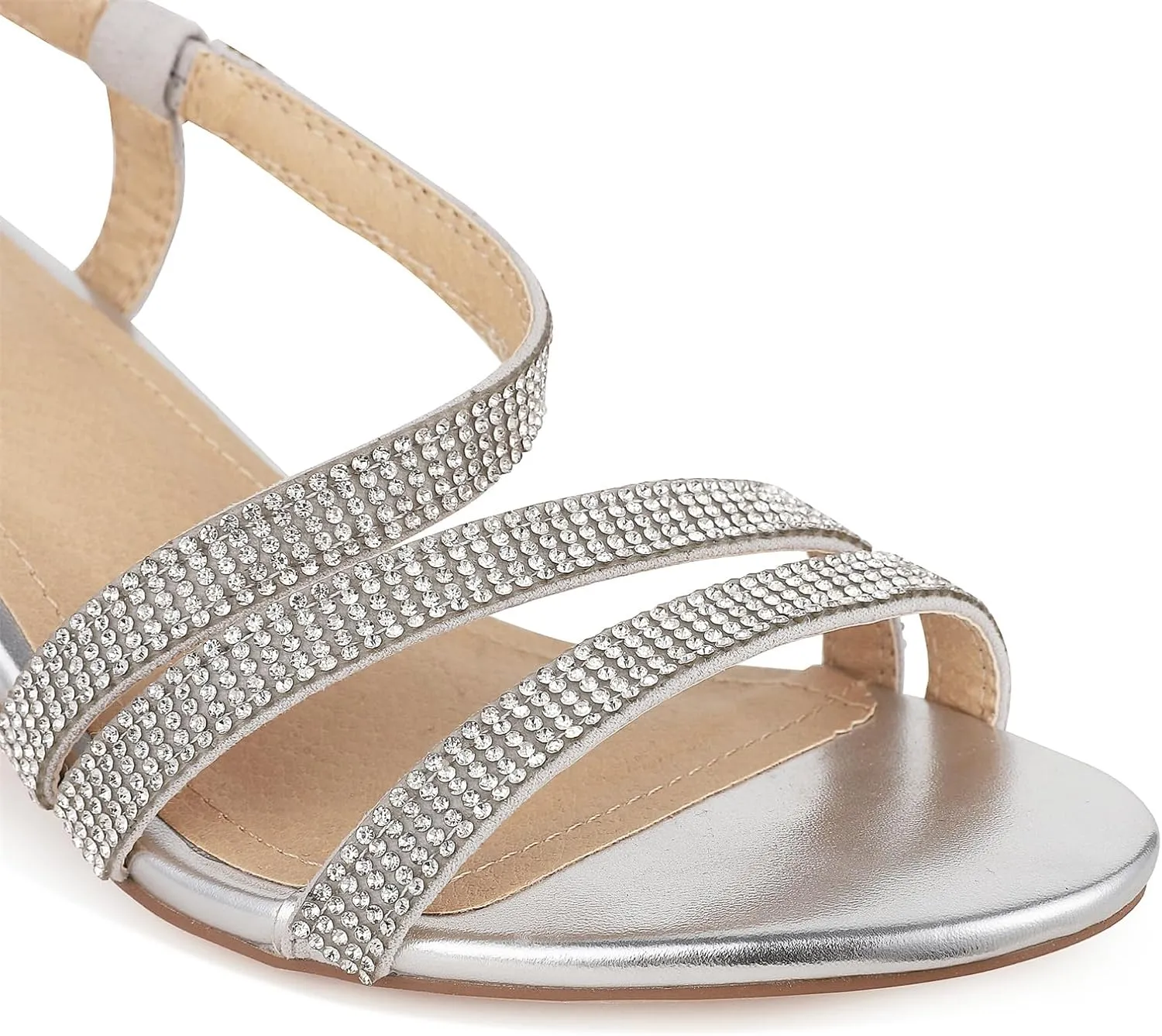 Women's Chunky High Heels Sandals, Rhinetstone Low Block Heels for Women, Fashion Strappy Sandals Glitter Slip on Round Toe Sparkly Heels Comfortable Lady Shoes