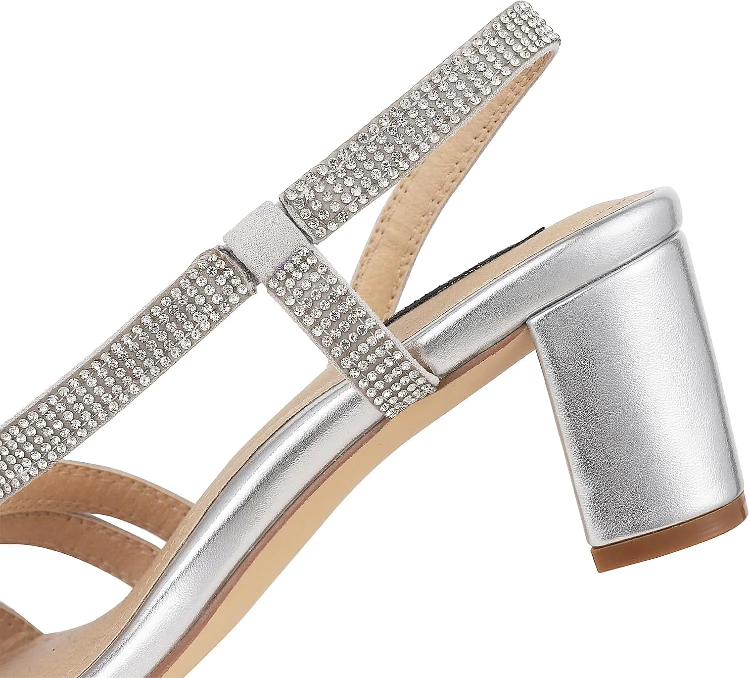 Women's Chunky High Heels Sandals, Rhinetstone Low Block Heels for Women, Fashion Strappy Sandals Glitter Slip on Round Toe Sparkly Heels Comfortable Lady Shoes