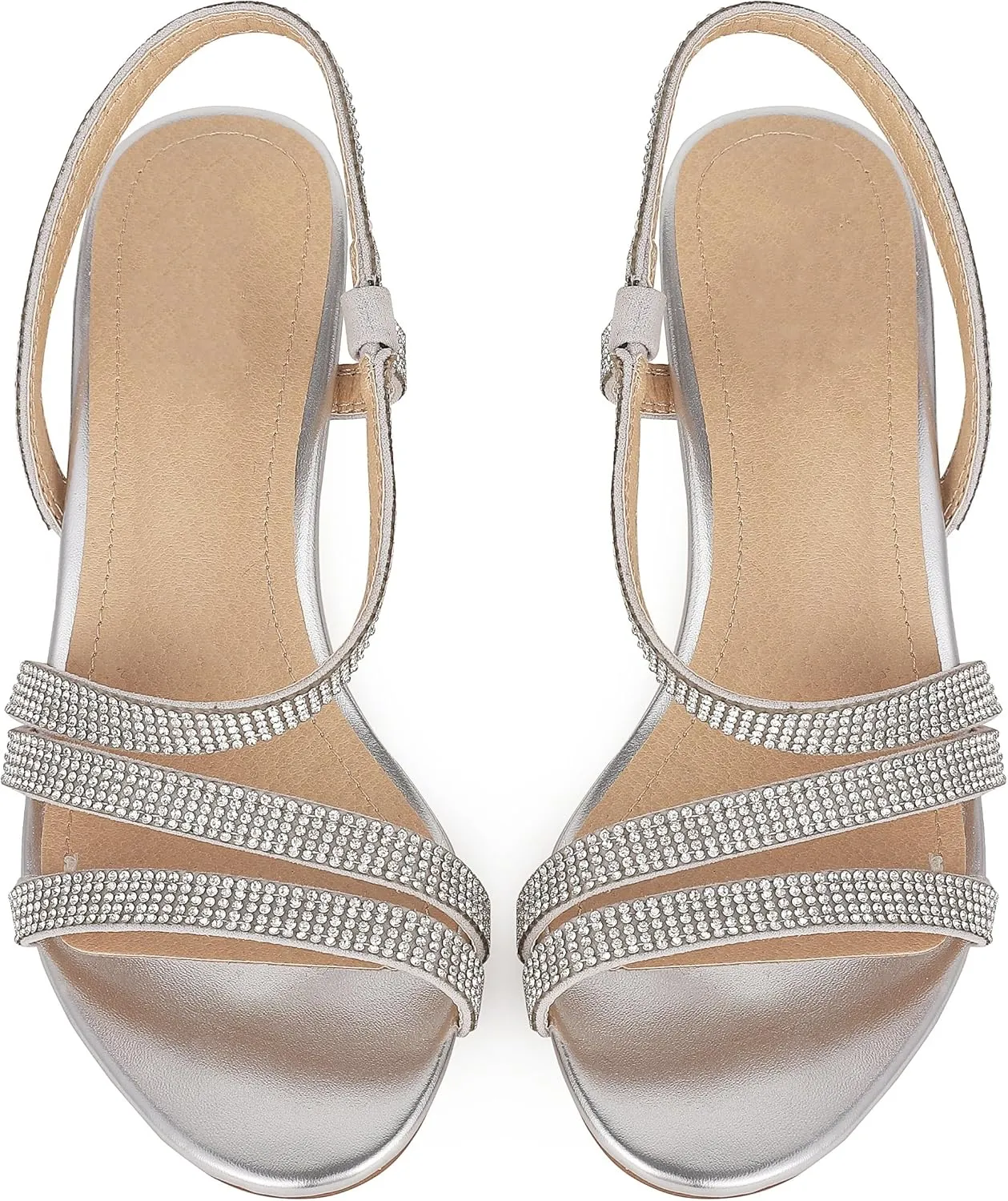 Women's Chunky High Heels Sandals, Rhinetstone Low Block Heels for Women, Fashion Strappy Sandals Glitter Slip on Round Toe Sparkly Heels Comfortable Lady Shoes
