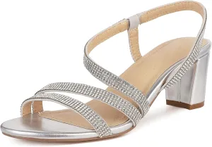 Women's Chunky High Heels Sandals, Rhinetstone Low Block Heels for Women, Fashion Strappy Sandals Glitter Slip on Round Toe Sparkly Heels Comfortable Lady Shoes