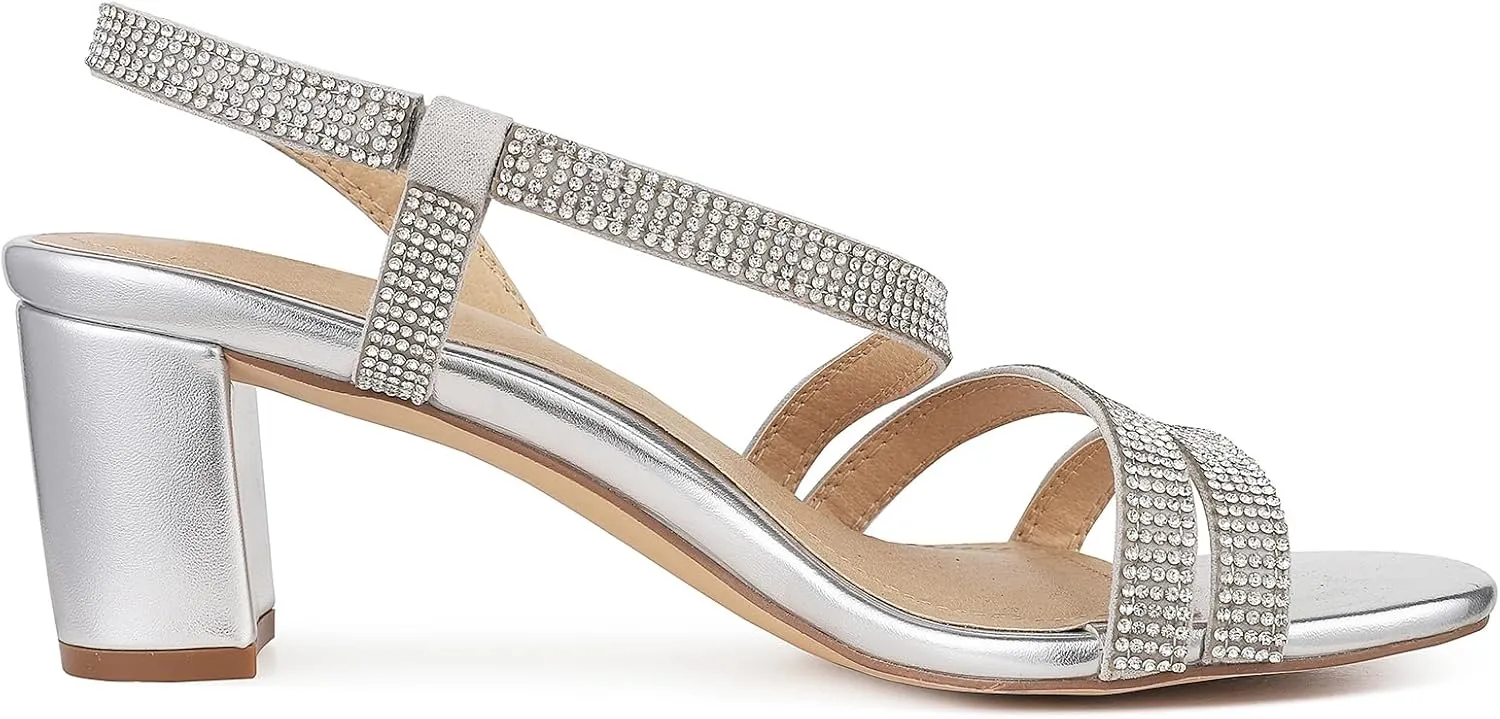 Women's Chunky High Heels Sandals, Rhinetstone Low Block Heels for Women, Fashion Strappy Sandals Glitter Slip on Round Toe Sparkly Heels Comfortable Lady Shoes