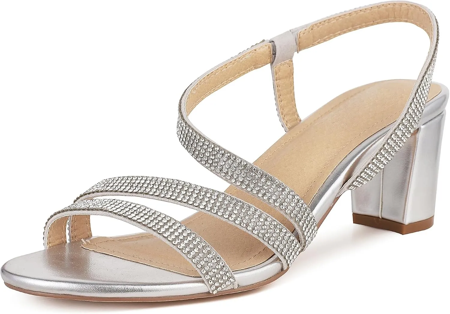 Women's Chunky High Heels Sandals, Rhinetstone Low Block Heels for Women, Fashion Strappy Sandals Glitter Slip on Round Toe Sparkly Heels Comfortable Lady Shoes