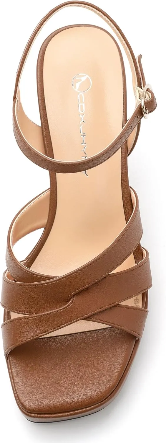 Women's Chunky Platform High Heels Block Heeled Sandals Open Square Toe Ankle Strap Dress Wedding Party Sandal Shoes 3.3''