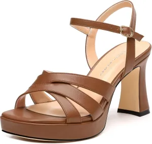 Women's Chunky Platform High Heels Block Heeled Sandals Open Square Toe Ankle Strap Dress Wedding Party Sandal Shoes 3.3''