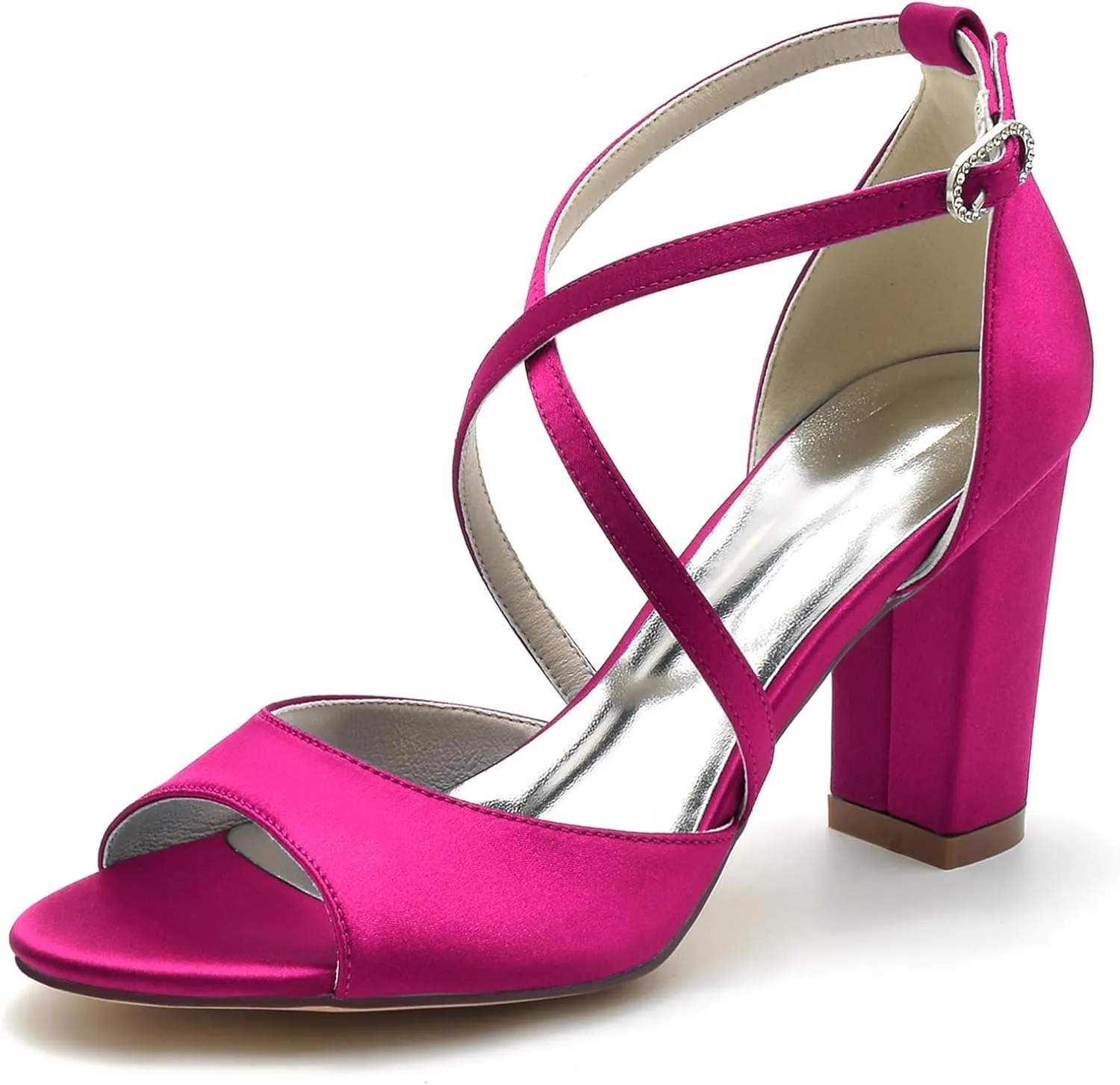 Women's Closed Toe Cross Strap Wedding Shoes for Bride Block Heel Bridal Shoes Satin Prom Party Dress Pumps