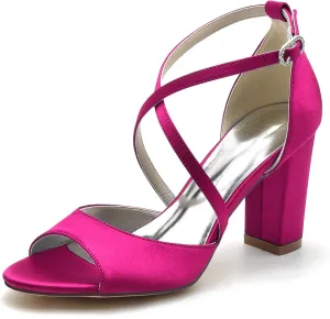 Women's Closed Toe Cross Strap Wedding Shoes for Bride Block Heel Bridal Shoes Satin Prom Party Dress Pumps