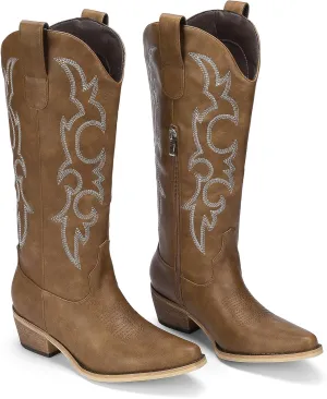 Women's Cowboy Boots Pink Wide Calf Boots Western Cowgirl Boot with Pointy Toe Tall Boots with Chunky Heel Cute Embroidered Long Boots for Concert Outfit