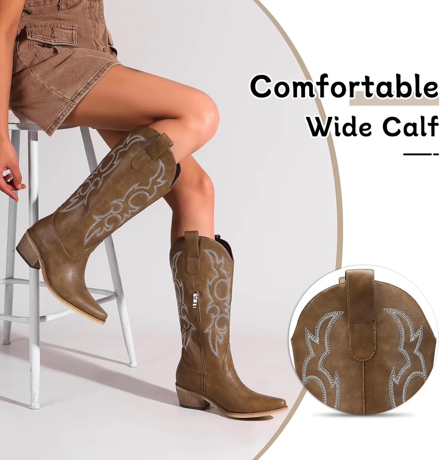 Women's Cowboy Boots Pink Wide Calf Boots Western Cowgirl Boot with Pointy Toe Tall Boots with Chunky Heel Cute Embroidered Long Boots for Concert Outfit