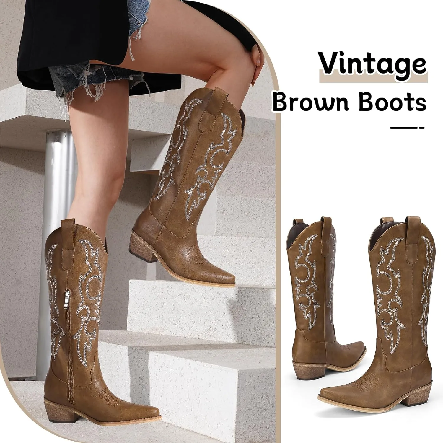 Women's Cowboy Boots Pink Wide Calf Boots Western Cowgirl Boot with Pointy Toe Tall Boots with Chunky Heel Cute Embroidered Long Boots for Concert Outfit