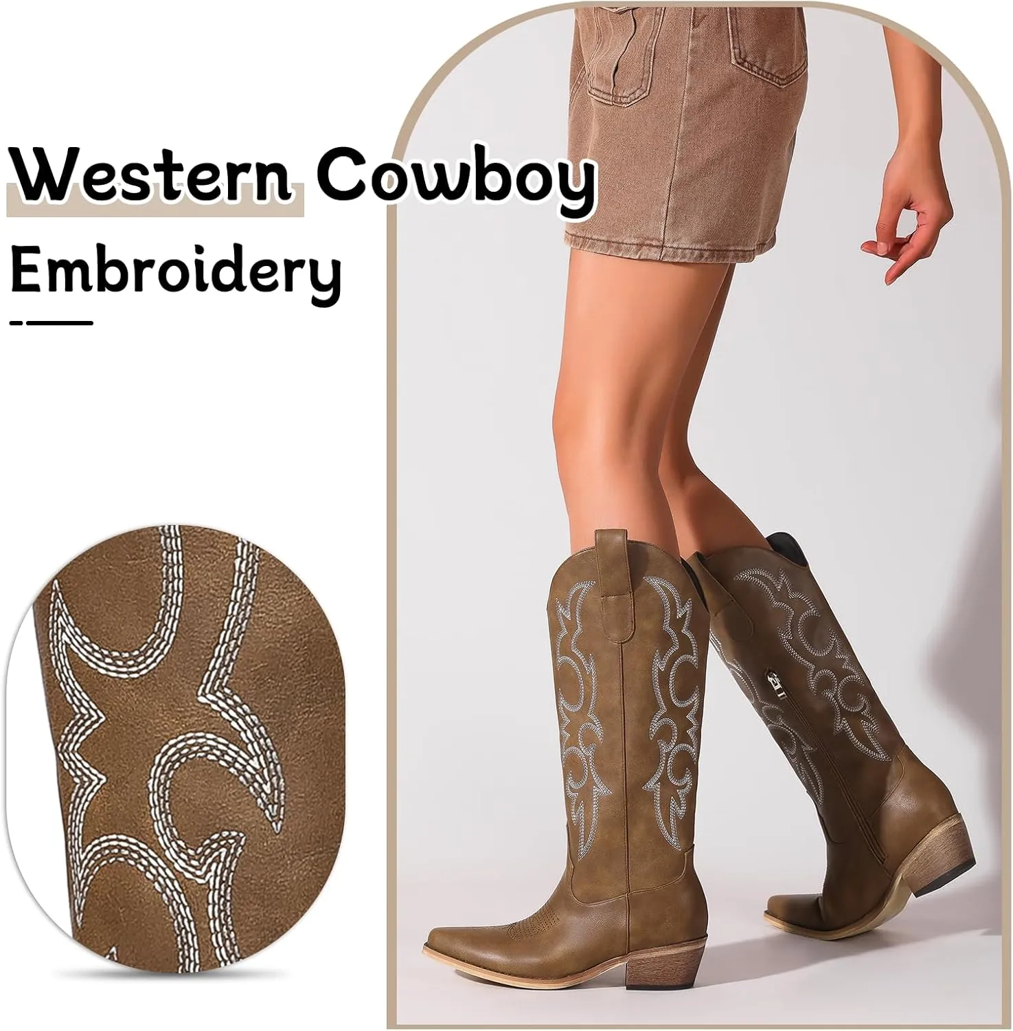 Women's Cowboy Boots Pink Wide Calf Boots Western Cowgirl Boot with Pointy Toe Tall Boots with Chunky Heel Cute Embroidered Long Boots for Concert Outfit