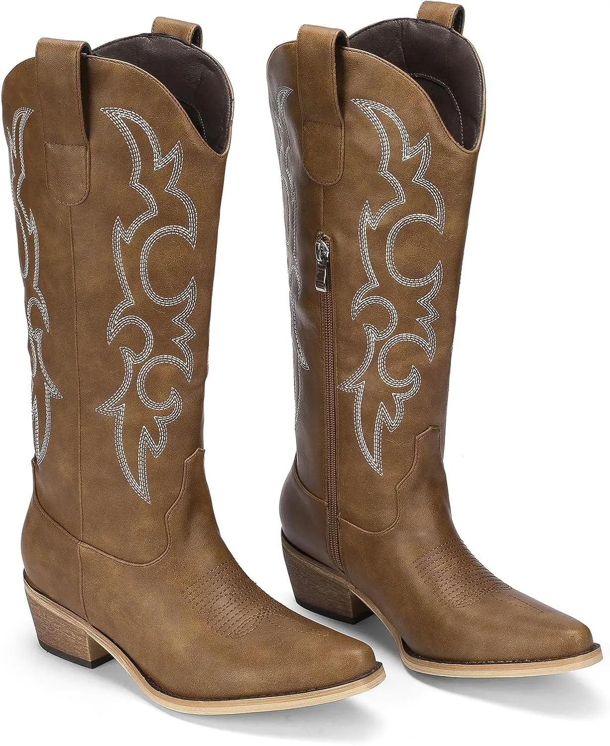 Women's Cowboy Boots Pink Wide Calf Boots Western Cowgirl Boot with Pointy Toe Tall Boots with Chunky Heel Cute Embroidered Long Boots for Concert Outfit