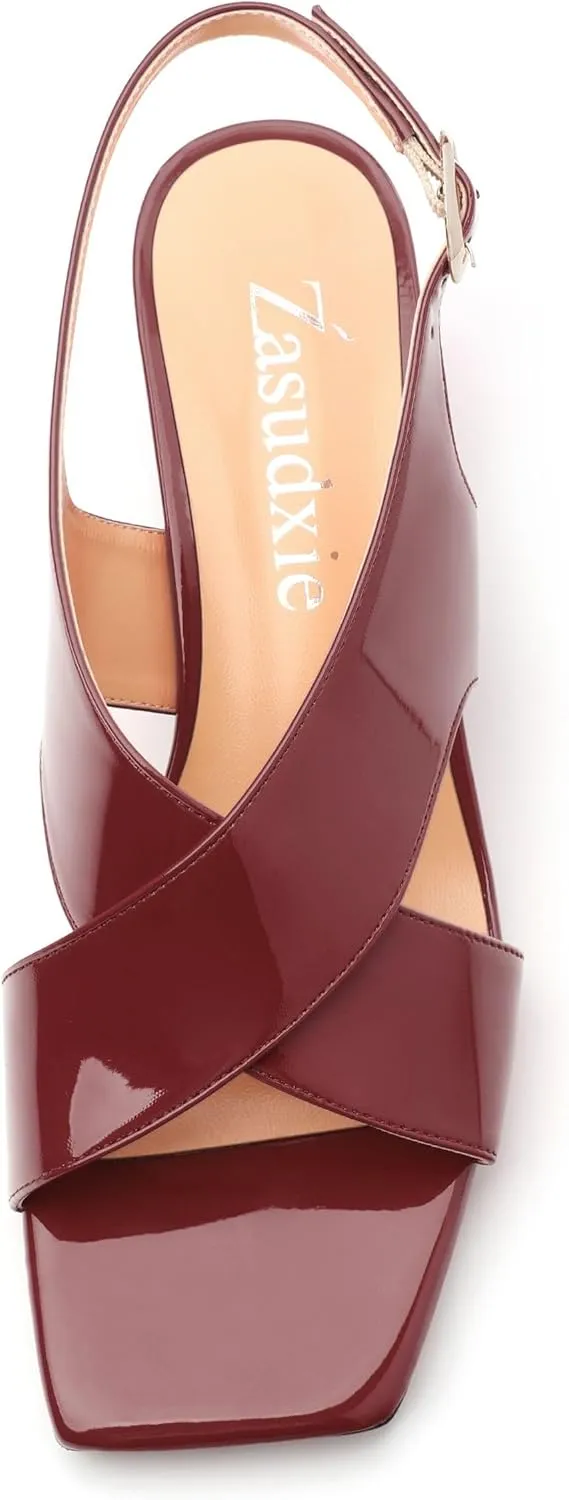Women's Criss Cross Sandals Square Open Toe Block Chunky Low Heel Slingback Ankle Strap Adjustable with Buckle Patent Dating Fashion Dress Shoes 2 Inch