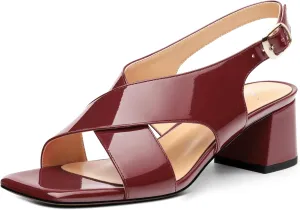 Women's Criss Cross Sandals Square Open Toe Block Chunky Low Heel Slingback Ankle Strap Adjustable with Buckle Patent Dating Fashion Dress Shoes 2 Inch