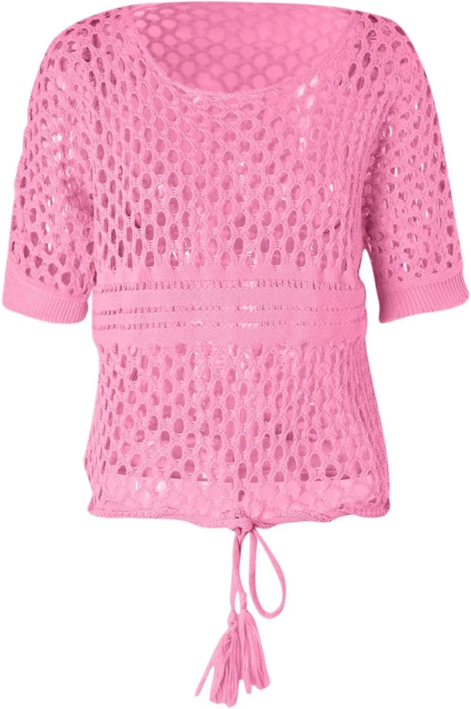 Womens Crochet Eyelet Tops Short Sleeve Summer Beach Sweater Oversized Boat Neck Going Out Mesh Cover Up T Shirts