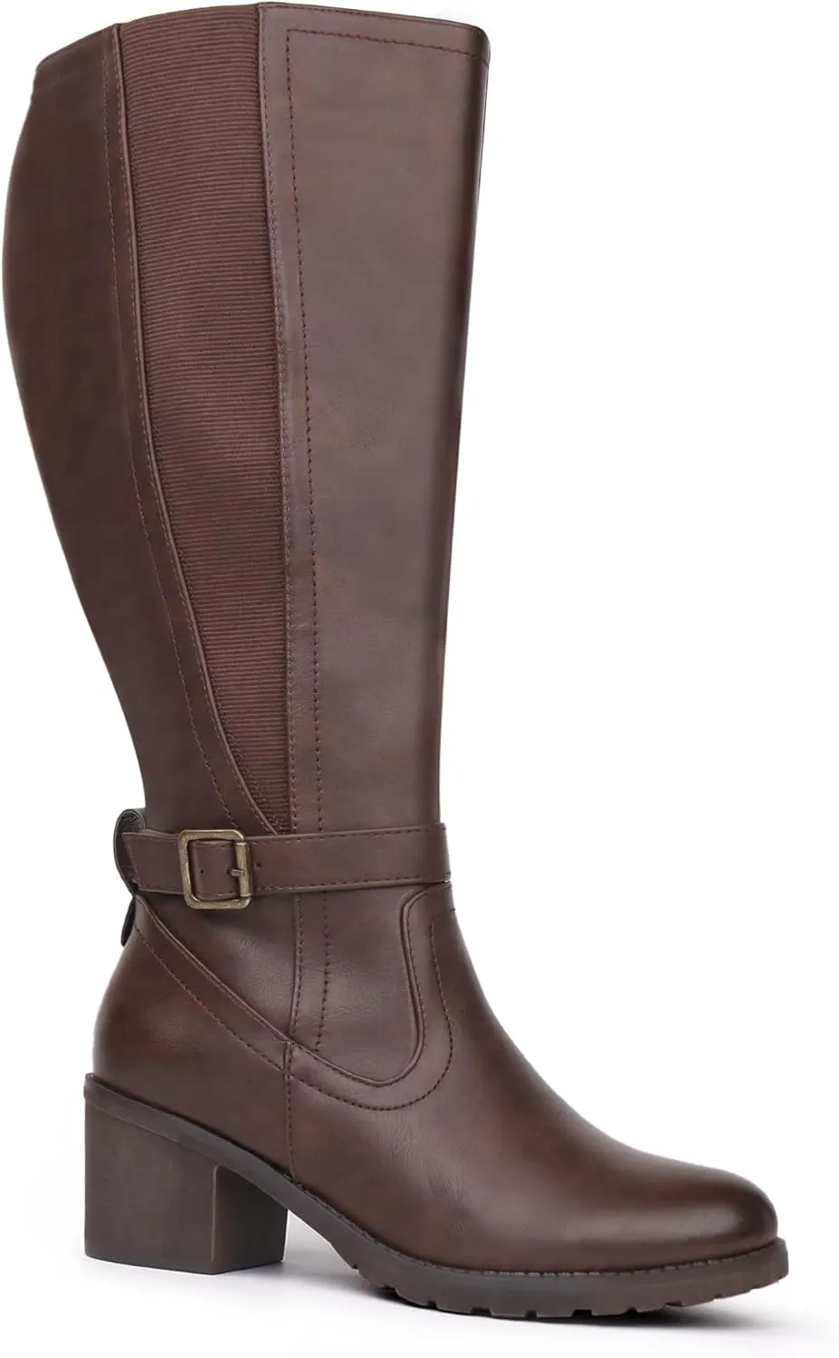 Womens Extra Wide Calf Stretch Panel Side Zipper Knee High Boots with Block Heel