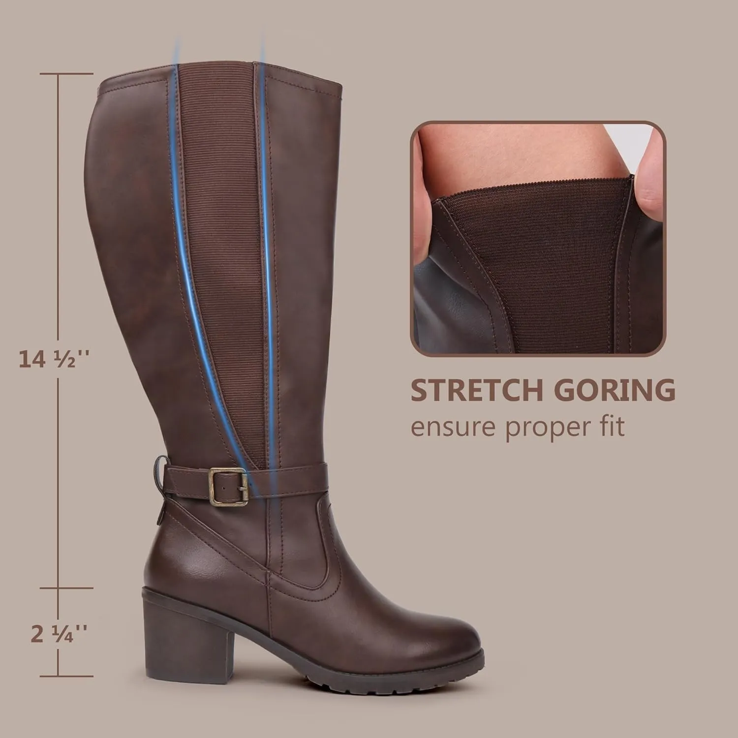 Womens Extra Wide Calf Stretch Panel Side Zipper Knee High Boots with Block Heel