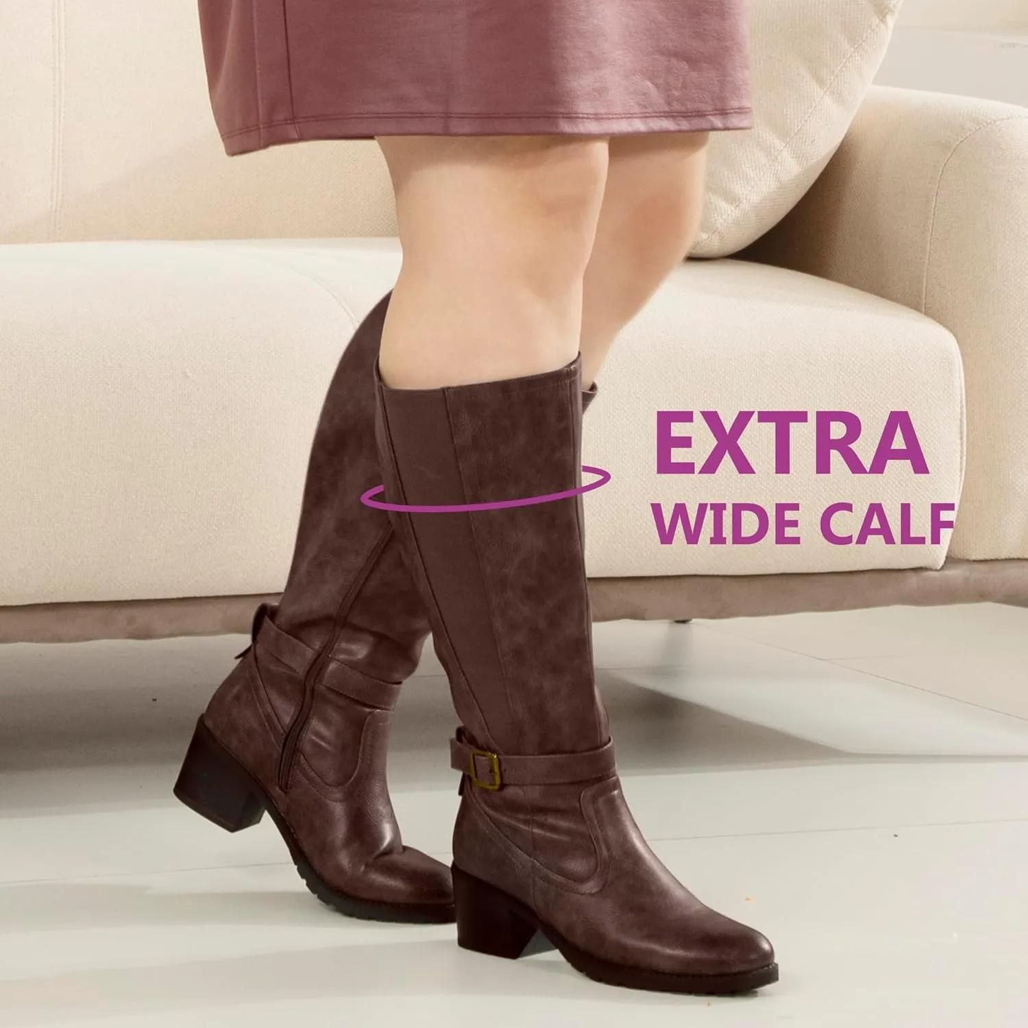 Womens Extra Wide Calf Stretch Panel Side Zipper Knee High Boots with Block Heel
