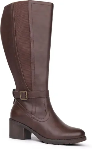 Womens Extra Wide Calf Stretch Panel Side Zipper Knee High Boots with Block Heel