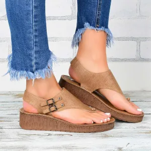 Womens Flat Sandals Ladies Summer Vintage Buckle Design Ankle Strap Thong Sandals Faux Leather Flip Flops Comfy T-Bar Slingback Wedge Walking Shoes,Brown,US6/EU37