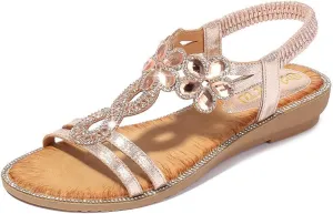 Women's Flat Sandals Summer Beach Sandal T-Strap Rhinestone Beaded Bohemia Shoes