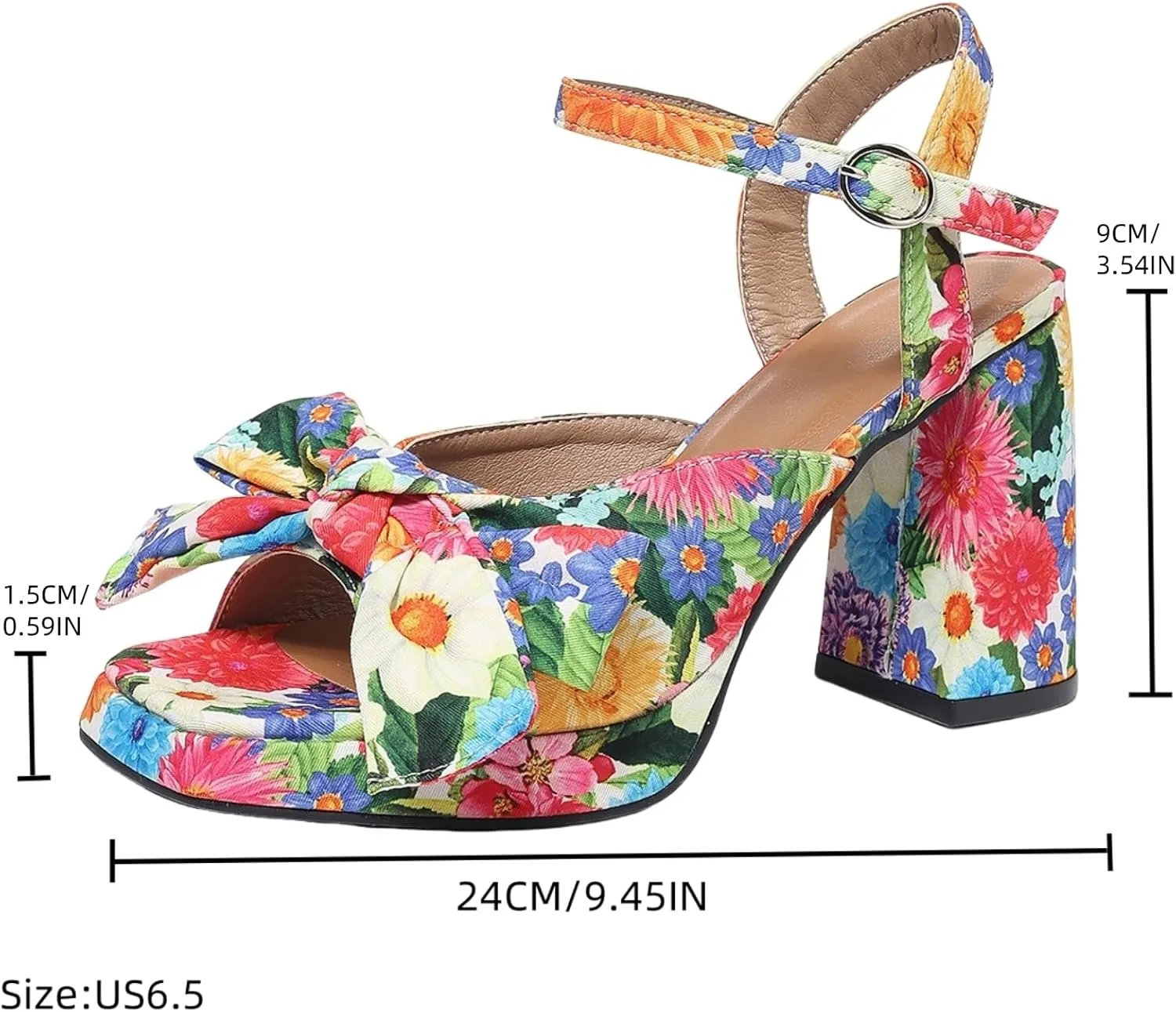 Women’s Floral Platform Heels – Chunky High Heels with Bow Detail, Adjustable Ankle Strap Sandals for Dressy and Casual Occasions