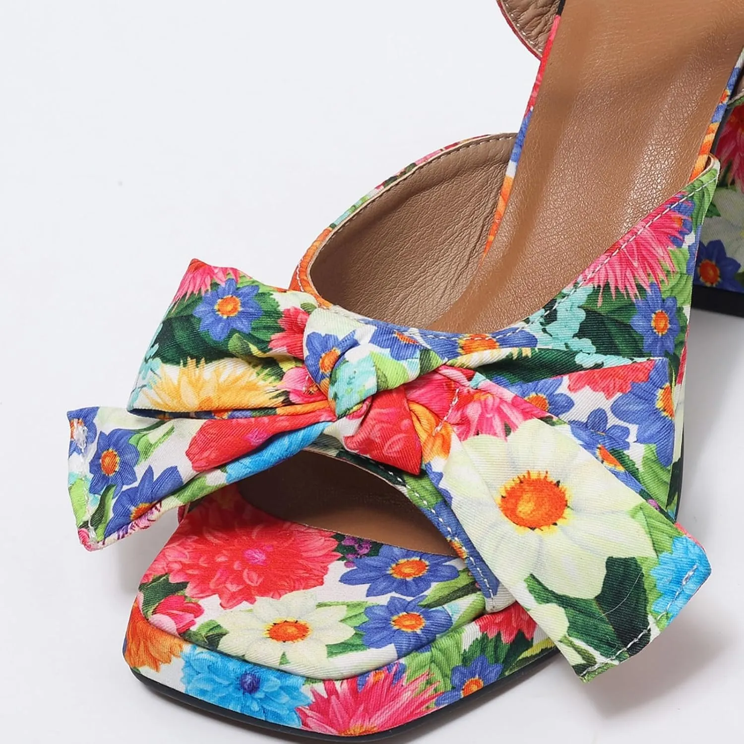 Women’s Floral Platform Heels – Chunky High Heels with Bow Detail, Adjustable Ankle Strap Sandals for Dressy and Casual Occasions