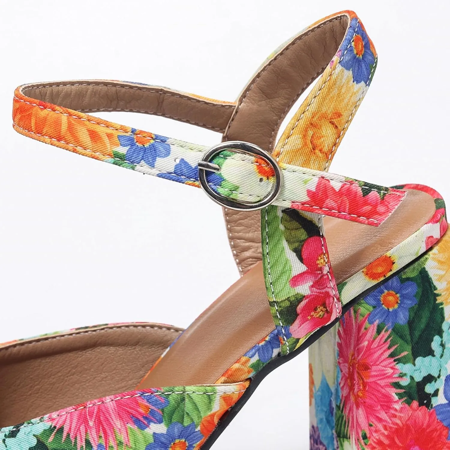 Women’s Floral Platform Heels – Chunky High Heels with Bow Detail, Adjustable Ankle Strap Sandals for Dressy and Casual Occasions