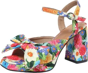 Women’s Floral Platform Heels – Chunky High Heels with Bow Detail, Adjustable Ankle Strap Sandals for Dressy and Casual Occasions