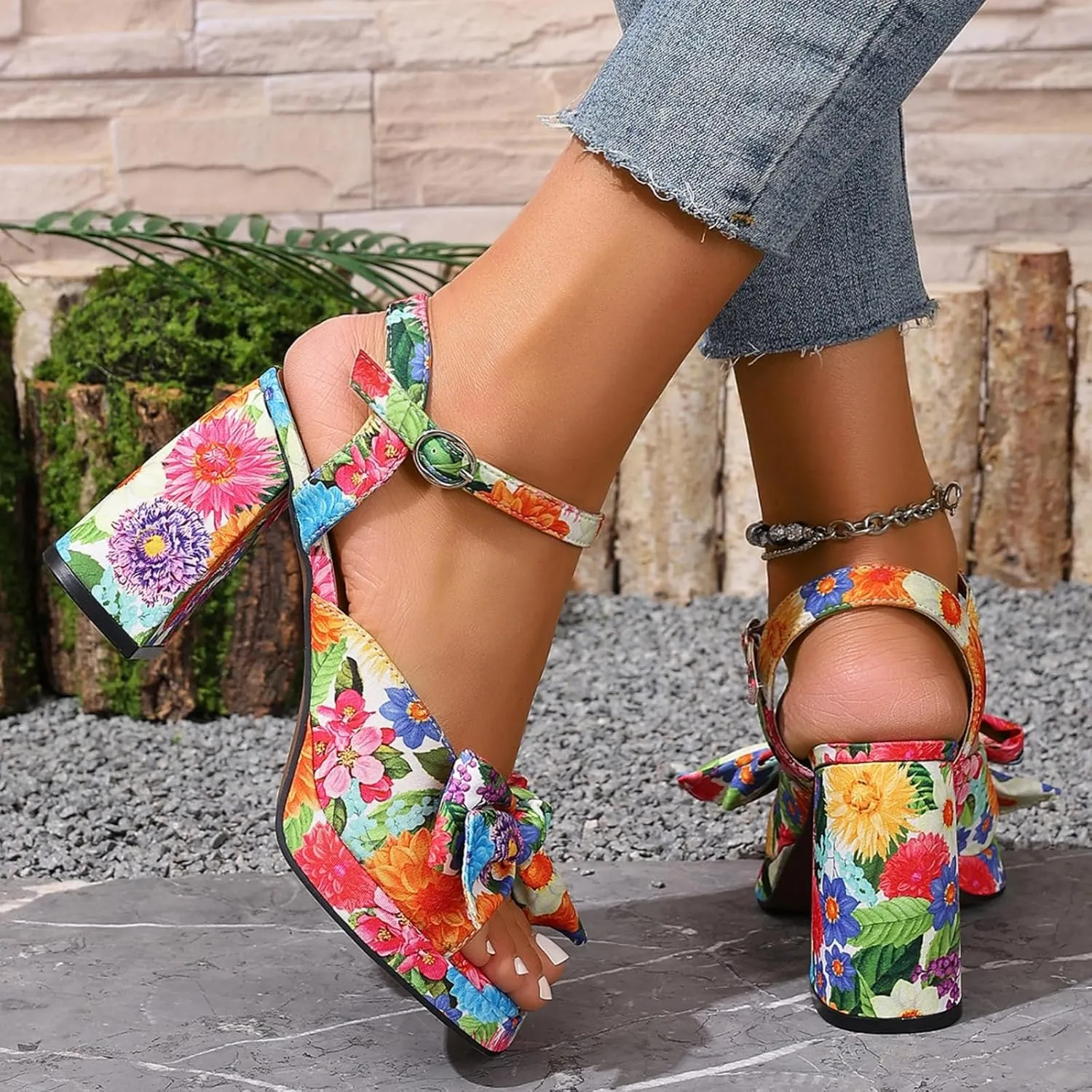 Women’s Floral Platform Heels – Chunky High Heels with Bow Detail, Adjustable Ankle Strap Sandals for Dressy and Casual Occasions