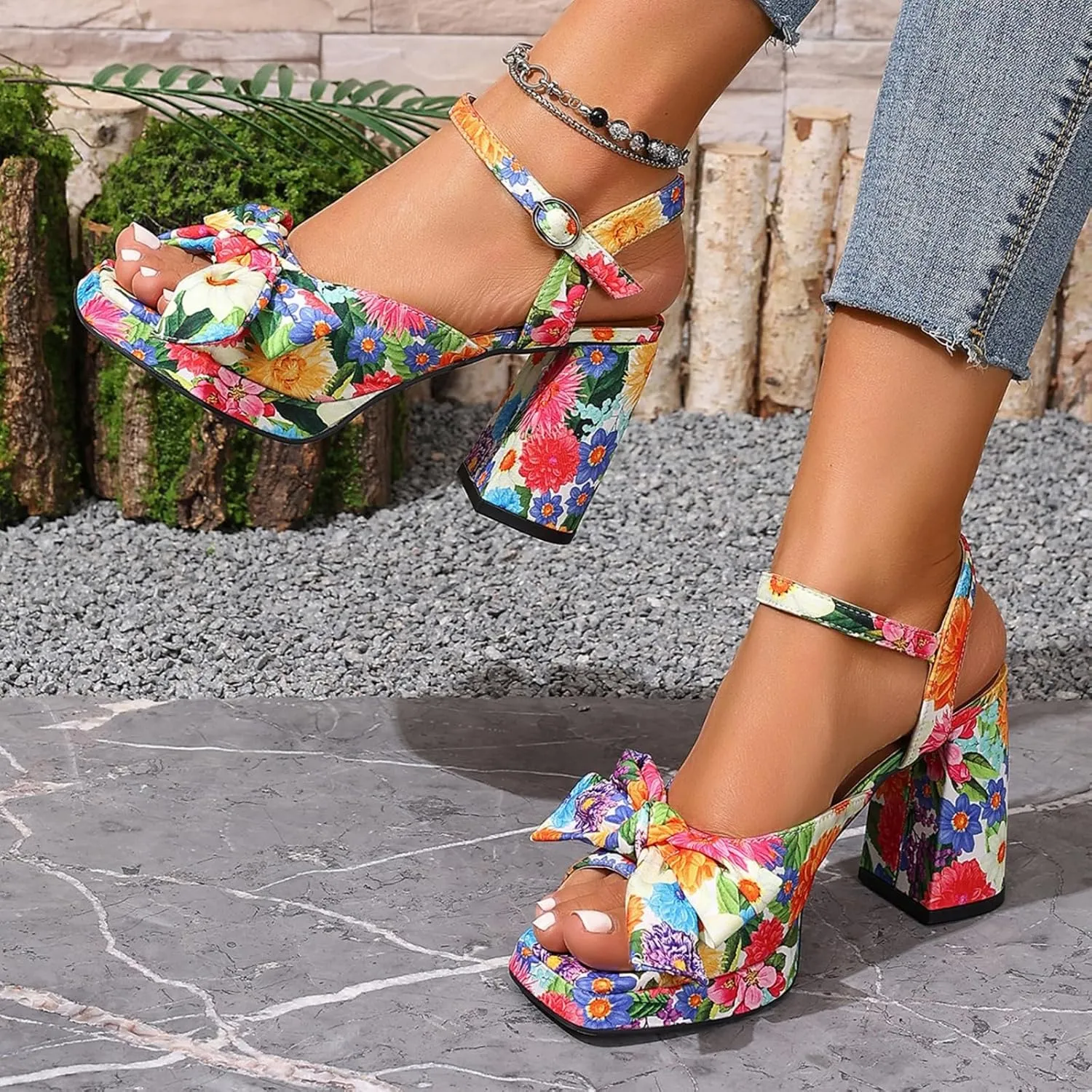 Women’s Floral Platform Heels – Chunky High Heels with Bow Detail, Adjustable Ankle Strap Sandals for Dressy and Casual Occasions