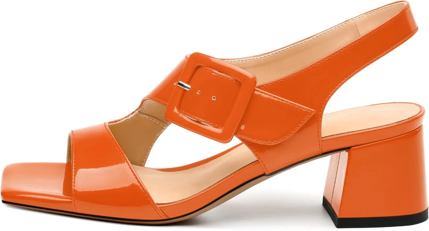 Womens Heeled Sandals Shoes, Square Peep Toe Mid Block Heel Ankle Strap Sandals for Women, Leather Insole Chunky Heel Sandals with Buckle 2"