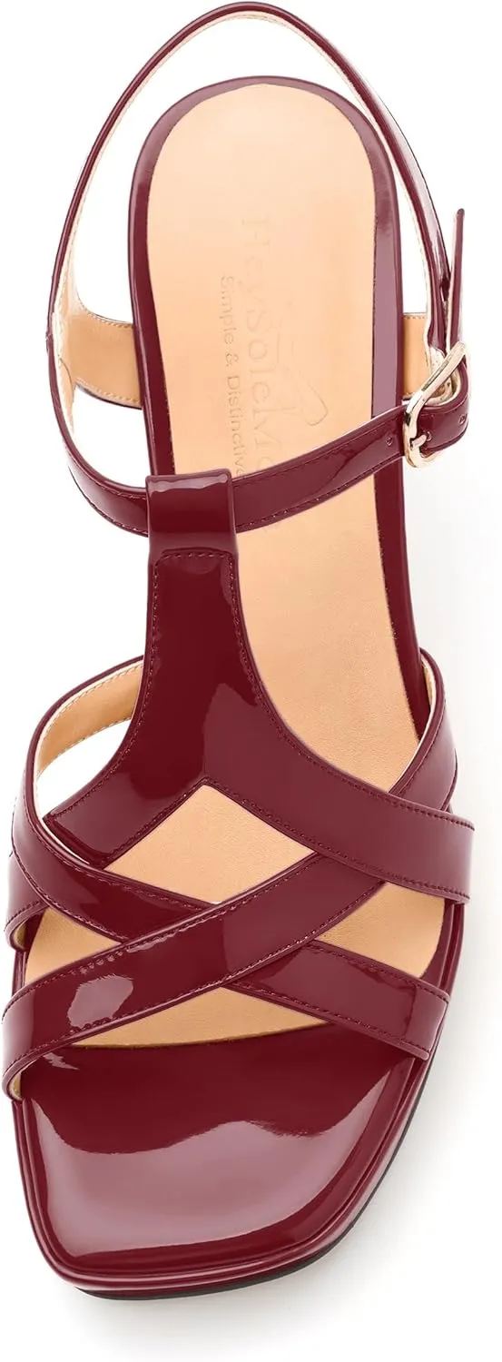 Womens Heeled Sandals, Square Toe Chunky Heel Platform Sandals for Women, Leather Insole T-Strap Sandals for Working, Wedding, Street, Party 3.3"