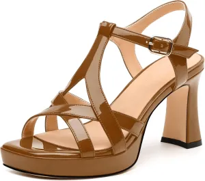 Womens Heeled Sandals, Square Toe Chunky Heel Platform Sandals for Women, Leather Insole T-Strap Sandals for Working, Wedding, Street, Party 3.3"