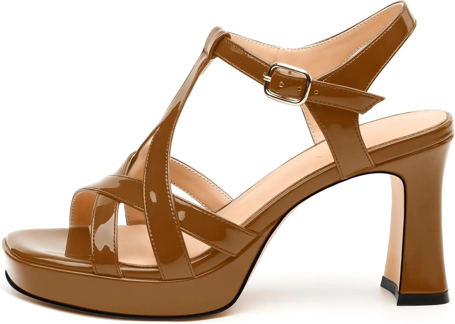 Womens Heeled Sandals, Square Toe Chunky Heel Platform Sandals for Women, Leather Insole T-Strap Sandals for Working, Wedding, Street, Party 3.3"