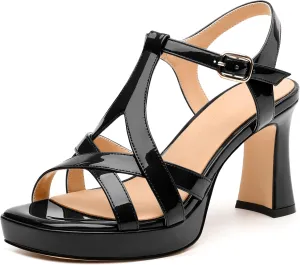 Womens Heeled Sandals, Square Toe Chunky Heel Platform Sandals for Women, Leather Insole T-Strap Sandals for Working, Wedding, Street, Party 3.3"