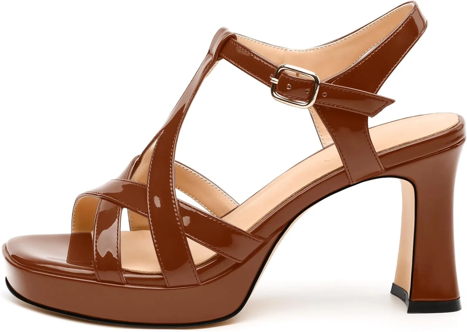 Womens Heeled Sandals, Square Toe Chunky Heel Platform Sandals for Women, Leather Insole T-Strap Sandals for Working, Wedding, Street, Party 3.3"