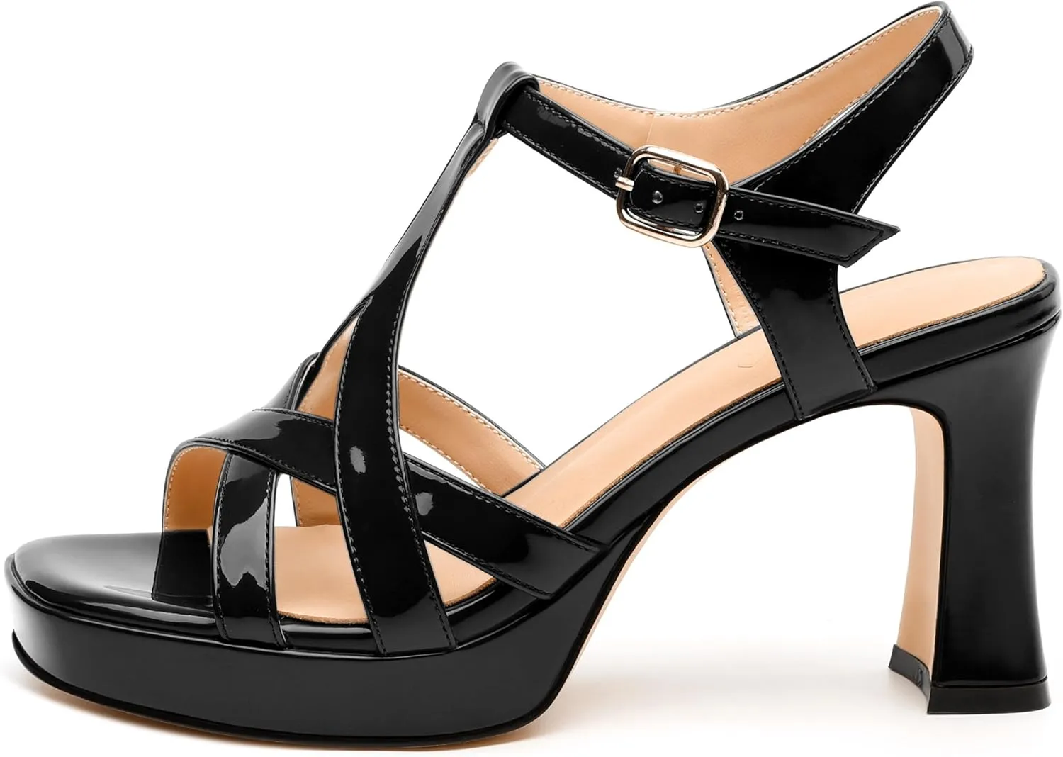 Womens Heeled Sandals, Square Toe Chunky Heel Platform Sandals for Women, Leather Insole T-Strap Sandals for Working, Wedding, Street, Party 3.3"