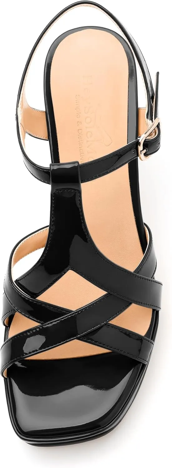 Womens Heeled Sandals, Square Toe Chunky Heel Platform Sandals for Women, Leather Insole T-Strap Sandals for Working, Wedding, Street, Party 3.3"