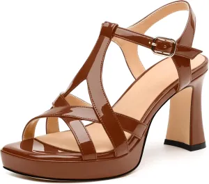 Womens Heeled Sandals, Square Toe Chunky Heel Platform Sandals for Women, Leather Insole T-Strap Sandals for Working, Wedding, Street, Party 3.3"