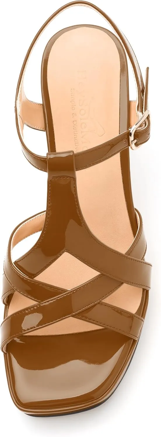 Womens Heeled Sandals, Square Toe Chunky Heel Platform Sandals for Women, Leather Insole T-Strap Sandals for Working, Wedding, Street, Party 3.3"