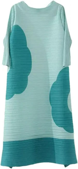 Women's High Collar Dress Loose Elastic Printed Pleated Skirt