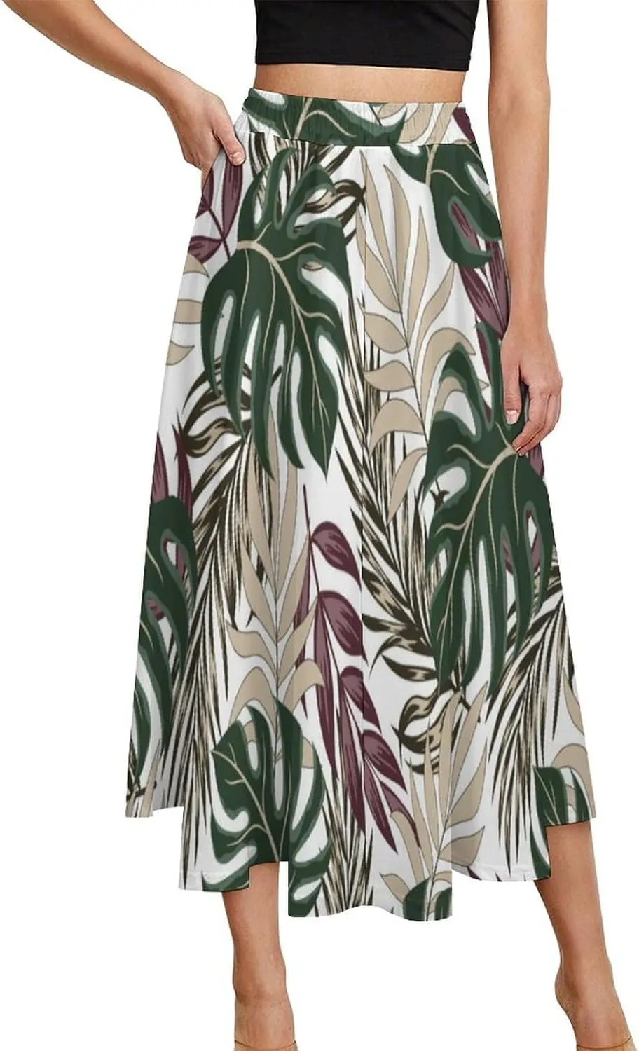 Womens High Waisted A-Line Rabbit Pleated Midi-Long Skirt