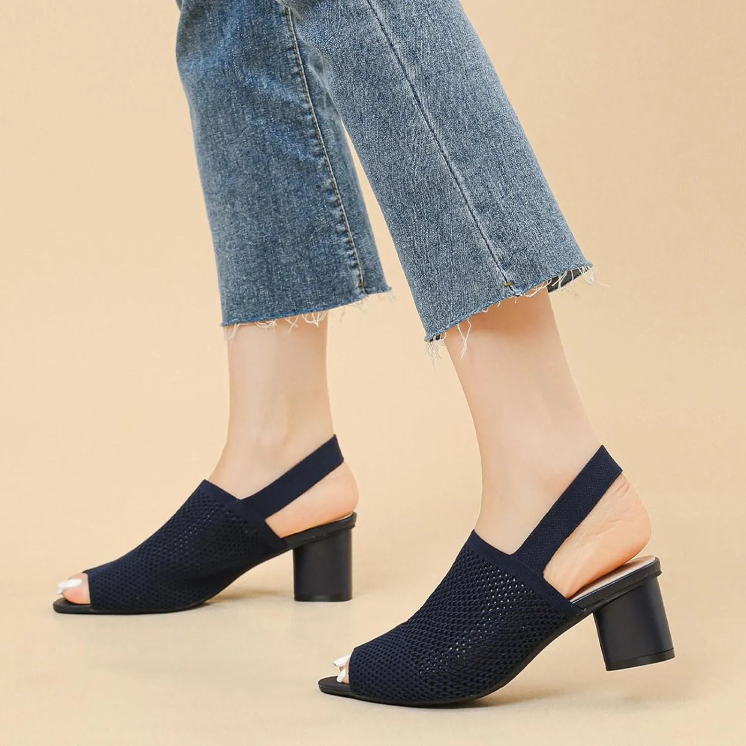 Women's Knit Peep Toe Slingback Chunky Heeled Sandals with Ankle Strap Fashion Open Pointed Toe Cut Out Slip On Backless High Heels Summer Casual Work Office Wedding Dressy Pumps
